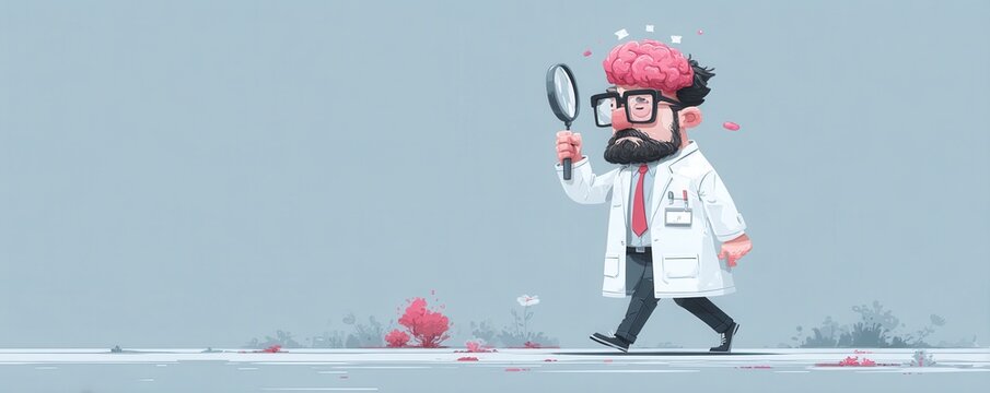 Cartoon doctor with exposed brain holding a magnifying glass, exploring intellect