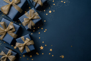 Elegant Navy Blue Gift Boxes with Gold Ribbons and Star Confetti - Luxury Holiday Flat Lay with Copy Space