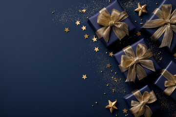 Elegant Navy Blue Gift Boxes with Gold Ribbons and Star Confetti - Luxury Holiday Flat Lay with Copy Space