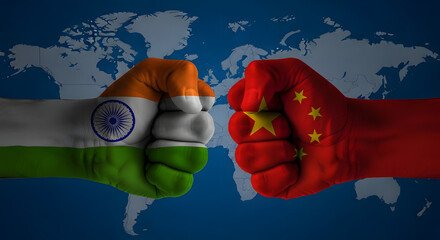 Two fists, painted with Indian and Chinese flags, clash against a world map background, symbolizing global conflict and rivalry.