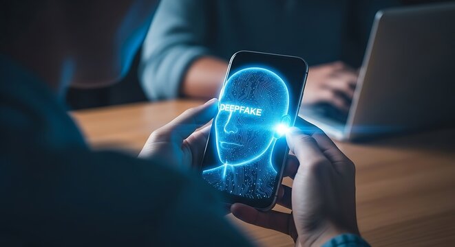 Hands holding phone with Deepfake face graphic on screen