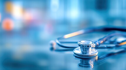 Close-up of a stethoscope on a reflective surface.