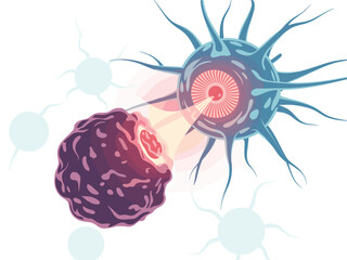 Cell-Mediated Cytotoxicity Illustration: Cytotoxic T-Lymphocyte Destroying a Cancer Cell; Biological Warfare and Immune System Response and Destruction of Infected Cells, Microscopic, Scientific