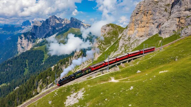 Aerial view of a red train traveling up a mountainside with a steam engine and clouds