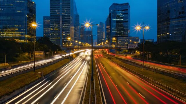 Cityscape at night featuring blurred car lights on a highway with tall buildings behind