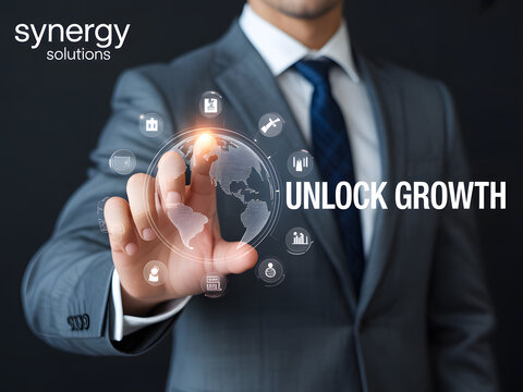 Businessman touching a digital globe with business icons representing global connectivity and unlocking growth for corporate presentations and marketing materials