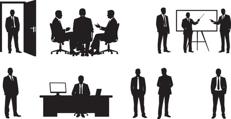 Comprehensive Vector Silhouette Set of Business Men in Professional Settings, Including Board Meetings, Office Presentations, Working at a Desk, and Standing Executives, Corporate Activities Graphics.