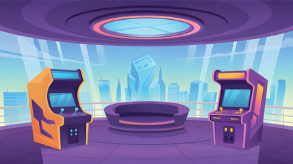 Futuristic arcade room with city view and gaming machines