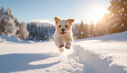 雪の中を駆ける白い子犬の冬の癒し構図 | Playful White Puppy Running Through Snow in a Joyful Winter Scene
