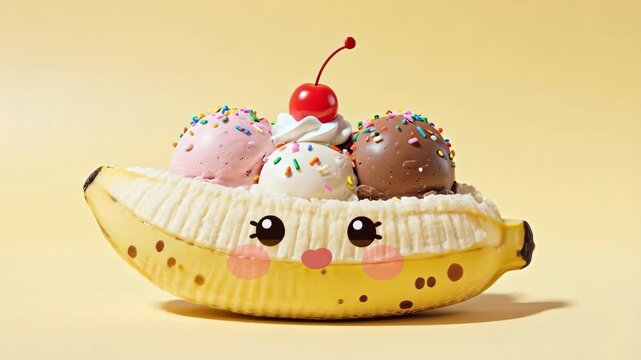 A whimsical banana split with three scoops of ice cream and a cherry