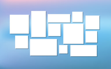 Wide, horizontal photo collage. Geometric grid for arranging numerous images in a mood board, photo gallery. Decorative vector template frame. Scrapbook design concept. Inset your picture. 