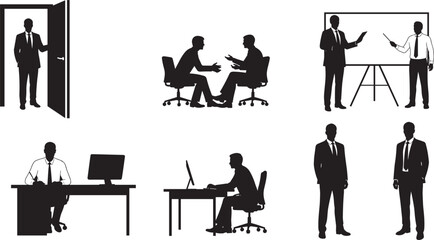 Businessmen Silhouette Vector Set Showing Various Office Activities, Including Meetings, Presentations, Working at a Desk, Entering a Room, and Standing Corporate Professional Figures.