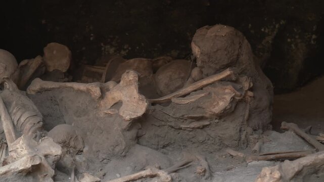 Skulls, skeletons from Ercolano archaeological site in Italy near Vesuvio, Naples