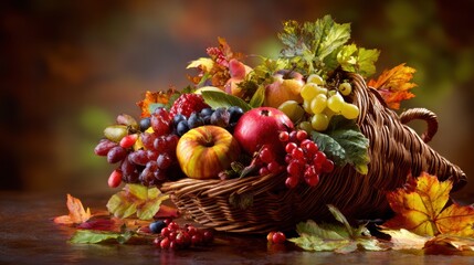 Homemade Cornucopia. A vibrant cornucopia overflowing with assorted fruits and autumn leaves.