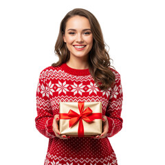 Young woman holding christmas gift box i&zwnj;solated on white