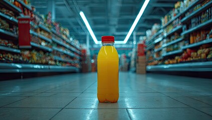 Orange Juice Bottle in Grocery Store Aisles.