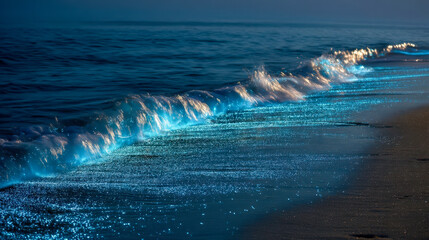 Bioluminescent waves crashing on the shore at night, sparkling blue light along the ocean coast