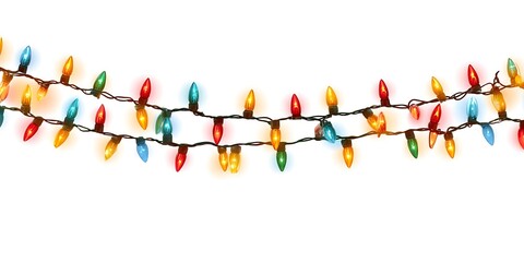 A string of colorful christmas lights on a white background for holiday decorations and festive cheer