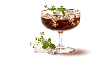 Refreshing Dark Drink with Herbs in a Stemmed Glass.