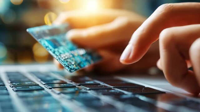 A close-up view of a hand holding a credit card while typing on a laptop keyboard, showcasing the modern act of online shopping and digital transactions in a brightly lit environment.