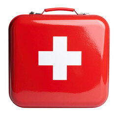 Obraz premium Red metal first aid kit box with a white cross symbol. Isolated on transparent background