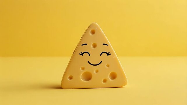 A winking cheese wedge with a smile on a yellow background