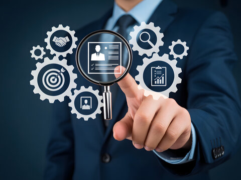 Business process automation concept hand pointing at magnifying glass with icons representing workflow optimization and digital transformation - Powered by Adobe