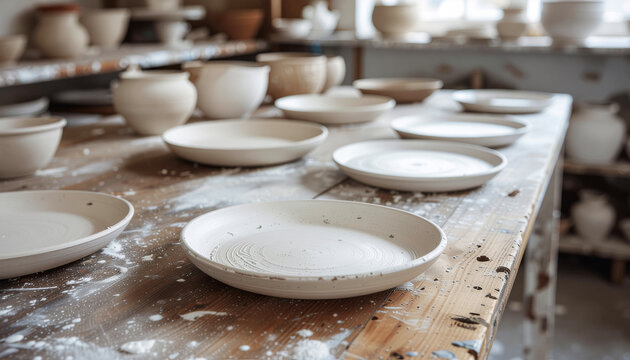 Pottery Studio Interior with Finished and In-Progress Pieces — Artist Workshop Photography