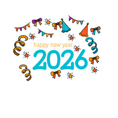 Handwritten script text Happy New Year 2026. Design template: festive typography poster, banner, or greeting card for Merry Christmas and Happy New Year. Vector illustration