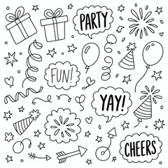 Celebration doodle art with gifts balloons and confetti for birthday party decorations and invitation 100