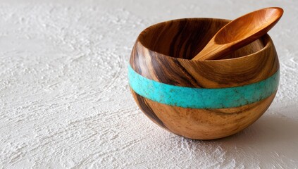 Wooden Bowl with Turquoise Accent and Spoon.