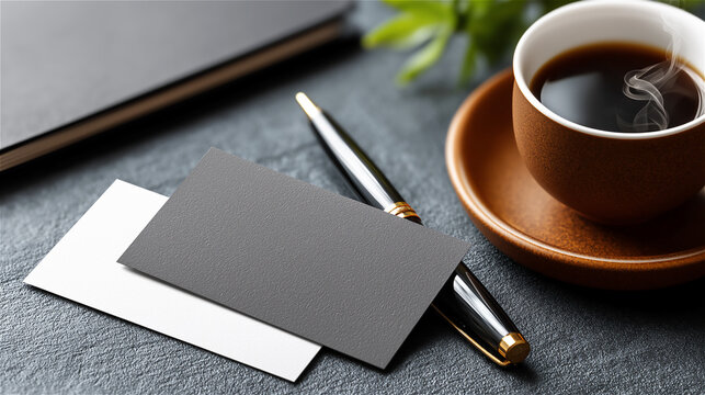 Workspace with coffee cup, pen and blank greeting cards on desk, suggesting creativity, planning, writing and cozy modern lifestyle moments in a calm productive environment.