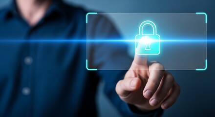 Finger Touching Glowing Padlock Icon on Blue Background