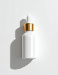 White bottle with gold cap, dropper, hard shadow