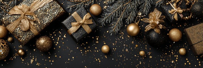 A festive arrangement of gold and black christmas gifts and ornaments on a dark background surface