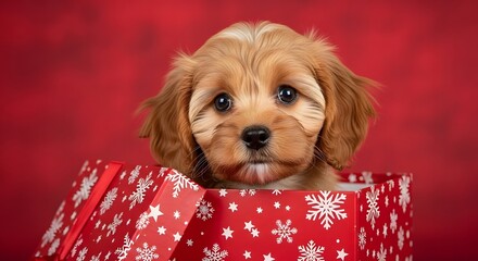 Adorable puppy in a red christmas gift box with snowflake pattern background