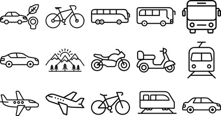 Collection of hand drawn transportation icons for eco friendly travel and urban mobility