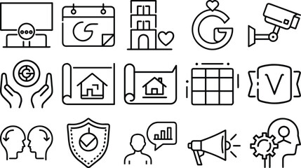 Collection of business and technology icons in a clean line art style