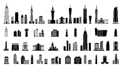 A monochrome icon set of various stylized skyscrapers and urban structures arranged in a precise and clean grid pattern, featuring solid black silhouettes with intricate white detailing and accents, r