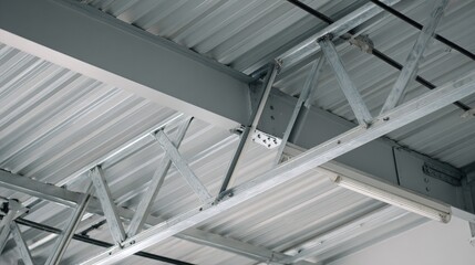 girder. Interior view of a steel frame construction workshop, showcasing structural elements in an industrial environment. safety posters.