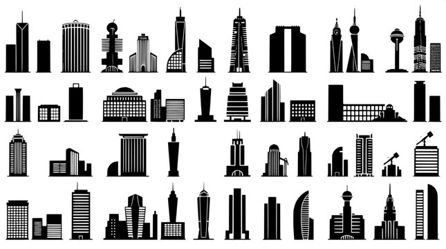 A monochrome icon set of various stylized skyscrapers and urban structures arranged in a precise and clean grid pattern, featuring solid black silhouettes with intricate white detailing and accents, r