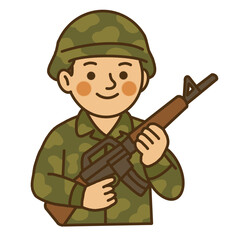 Hand draw cute soldier holding rifle in camouflage uniform illustration