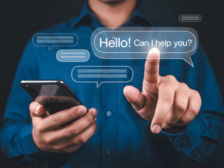 Man using a smartphone with a chat bubble overlay offering assistance and customer support for communication and digital interaction