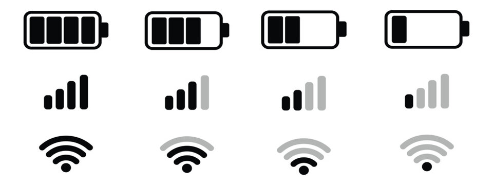 set wifi icon isolated on white background for phone. Phone bar status Icons, battery Icon, wifi signal strength