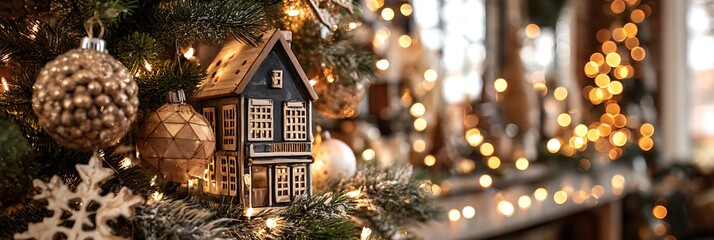 Close up of christmas tree with ornaments house and lights creating a festive holiday atmosphere