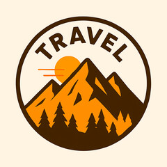 Travel Badge-Logo - Sunset Golden Hour Orange with Stylized Mountain Peaks, Vector Illustration in Warm Tones