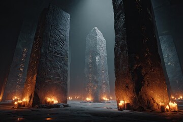 Ancient Stone Structures Illuminated by Flames.