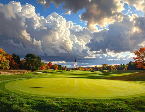 A vibrant golf course bathed in sunlight, with dramatic clouds overhead and fall foliage framing the green
