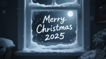 Dreaming of a white Merry Christmas 2025 looking through a frosty window at the moon