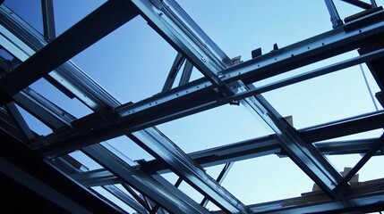 girder. Interior view of a steel frame construction workshop, showcasing structural elements in an industrial environment. safety posters.